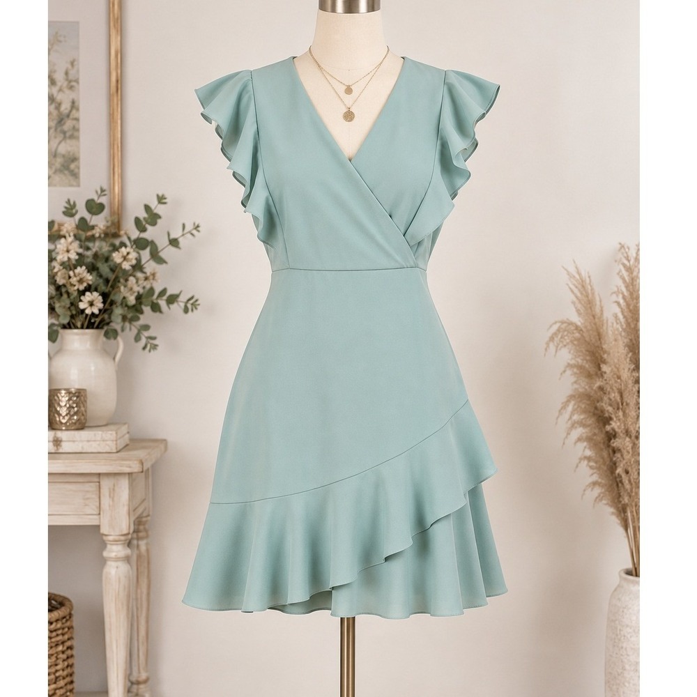Altar'd State Sage Green Ruffle Flutter Sleeve Mini Dress Mint Party Medium